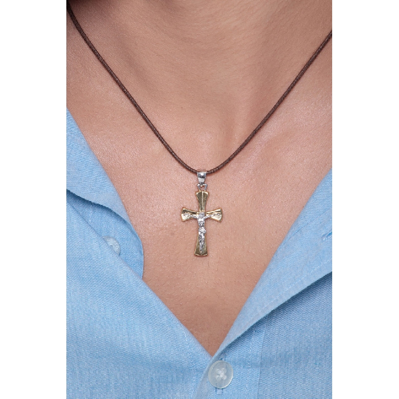 Pendentif croix en or blanc et jaune 18k Christ