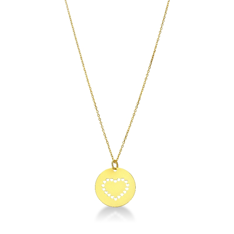 Collier en or jaune 18k avec medaille plate et coeur ajoure