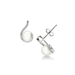 Boucles d’oreilles vague en or blanc 18 carats avec perles et zircons