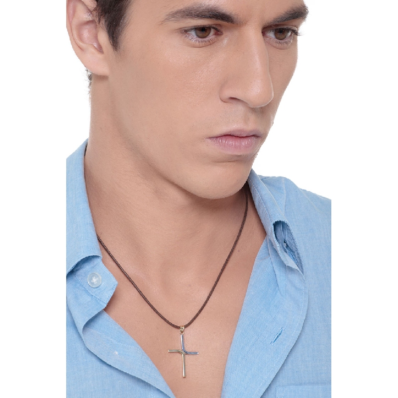 Pendentif Croix Stylisée en Or Blanc et Jaune 18k