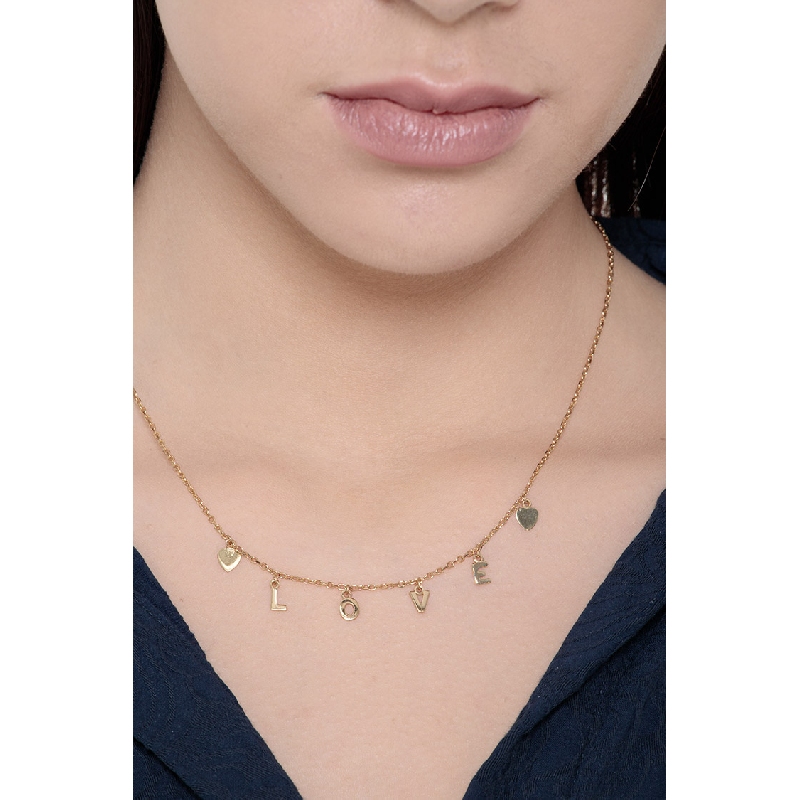 Collier en or jaune 18k avec deux petits cœurs et inscription LOVE