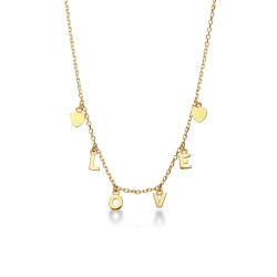 Collier en or jaune 18k avec deux petits cœurs et inscription LOVE