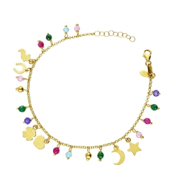 Bracelet en or jaune 18k avec charms et perles colorées