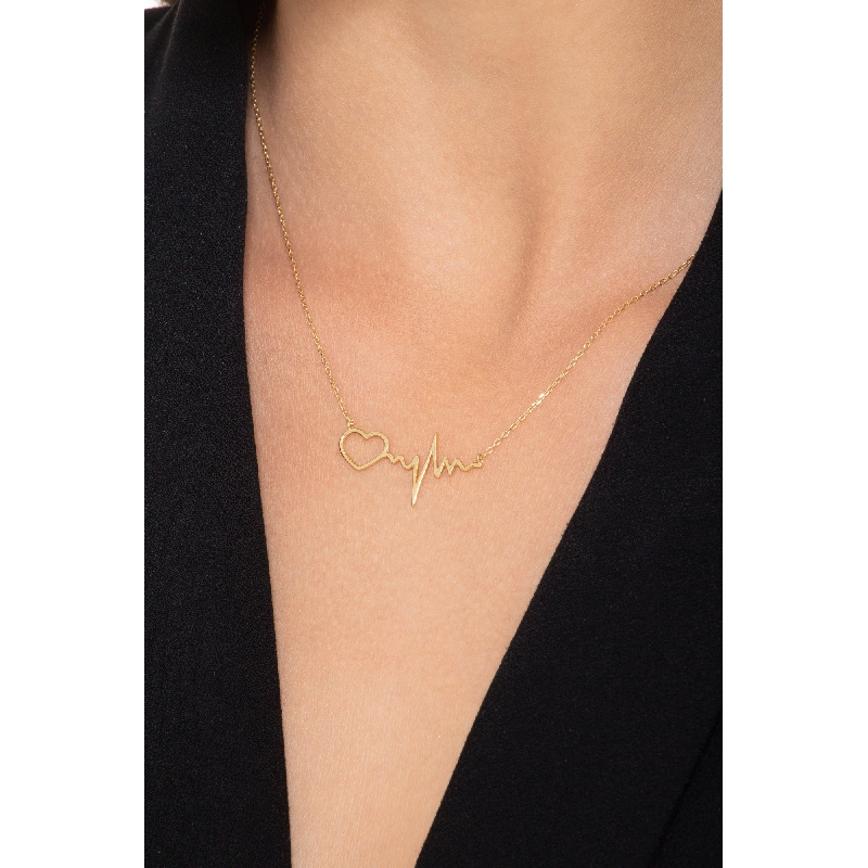 Collier en or jaune 18k avec cœur et fréquence cardiaque, longueur 41 cm
