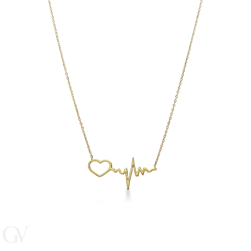 Collier en or jaune 18k avec cœur et fréquence cardiaque, longueur 41 cm