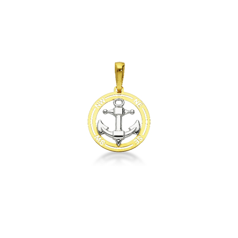 Pendentif or blanc et jaune 18k Rose des Vents et ancre