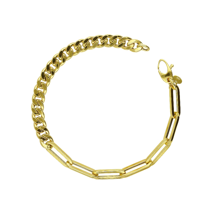 Bracelet gourmette et maillons trombone en or jaune 18k