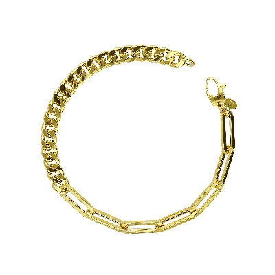 Bracelet gourmette et maillons trombone en or jaune 18k