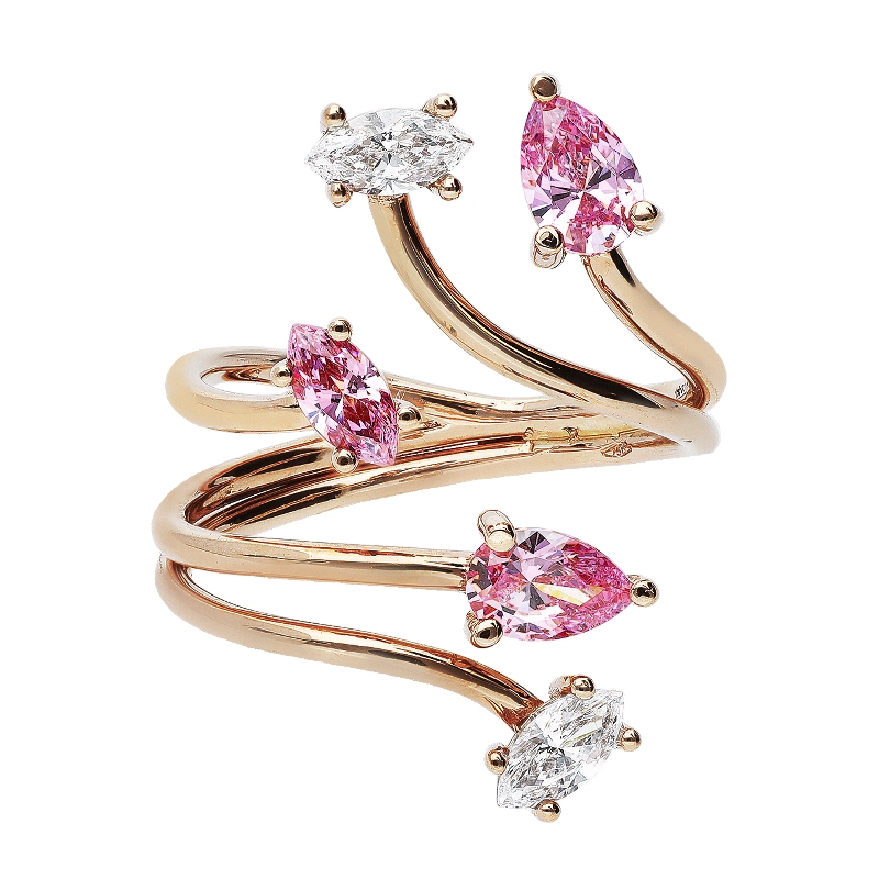 Bague toi et moi en Or Rose 18k avec Zircons Roses et Blancs