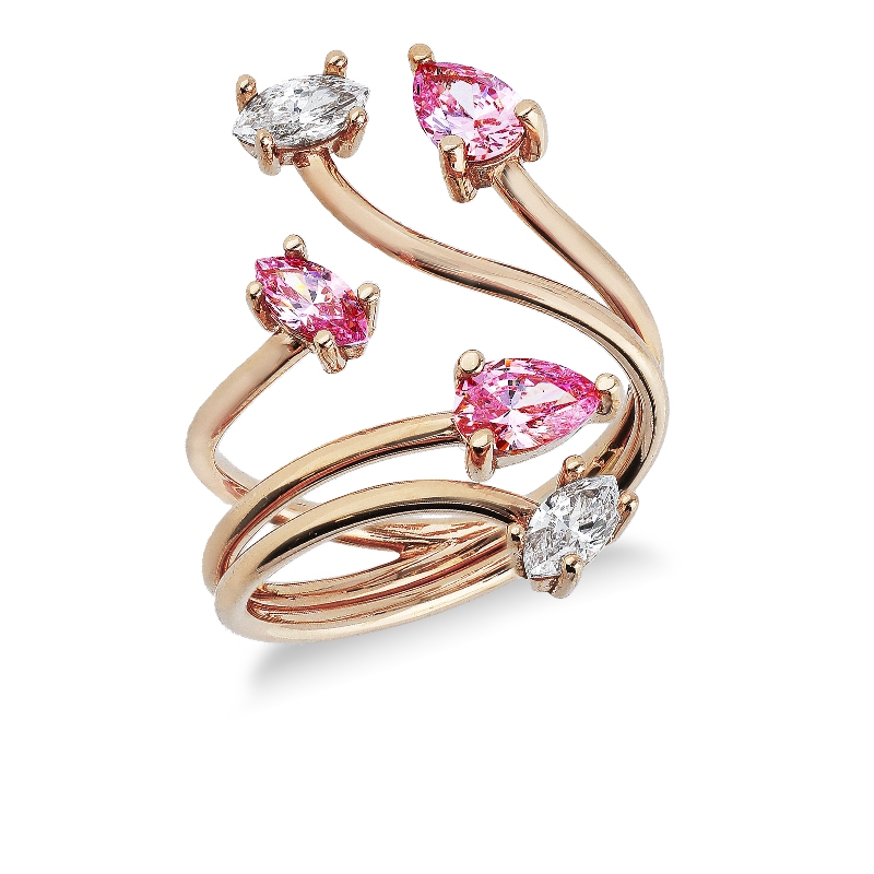 Bague toi et moi en Or Rose 18k avec Zircons Roses et Blancs