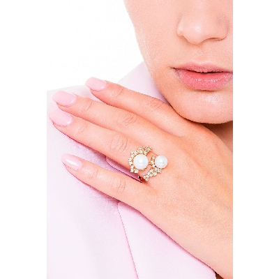 Bague toi et moi en or rose 18k avec perles et diamants