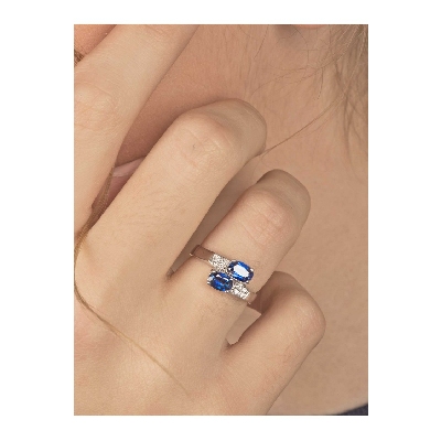 Bague Femme Duo en Or Blanc 18k avec Saphir Bleu et Diamants