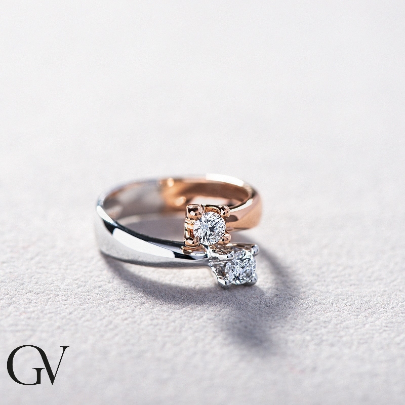 Bague Duo en Or Blanc et Rose 18k avec Diamants