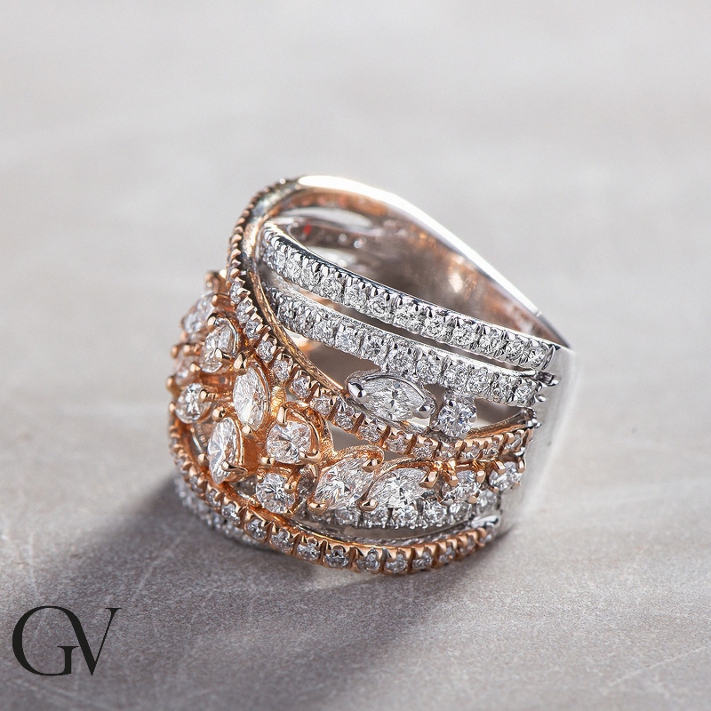 Bague jonc en or blanc et rose 750 avec diamants