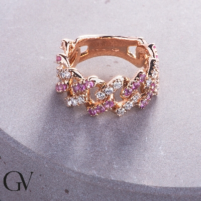 Bague Cuban Link en or rose 18k avec saphirs roses et diamants