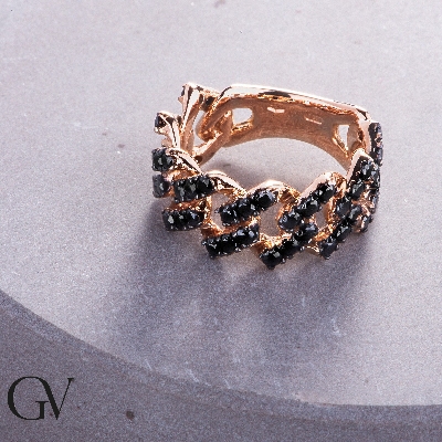 Bague femme Cuban Link en or rose 18k avec diamants noirs