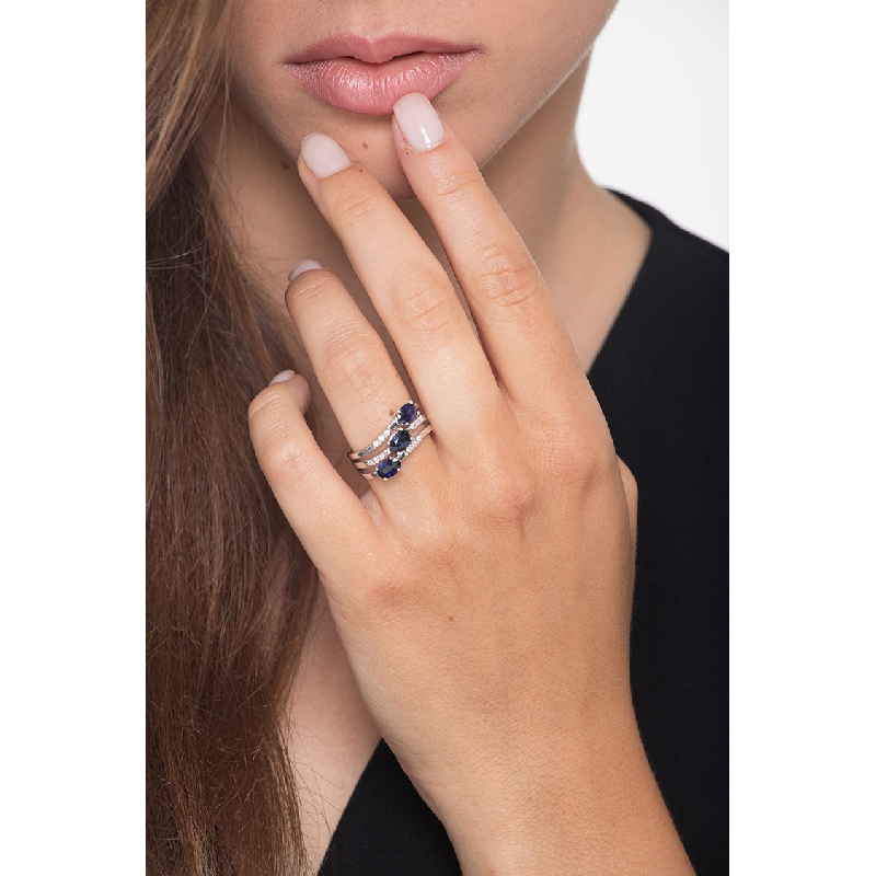 Bague Vagues en Or Blanc 18 Carats avec Saphirs Bleus et Diamants