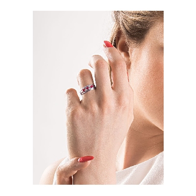 Bague trilogie en Or Blanc 18k avec rubis et diamants