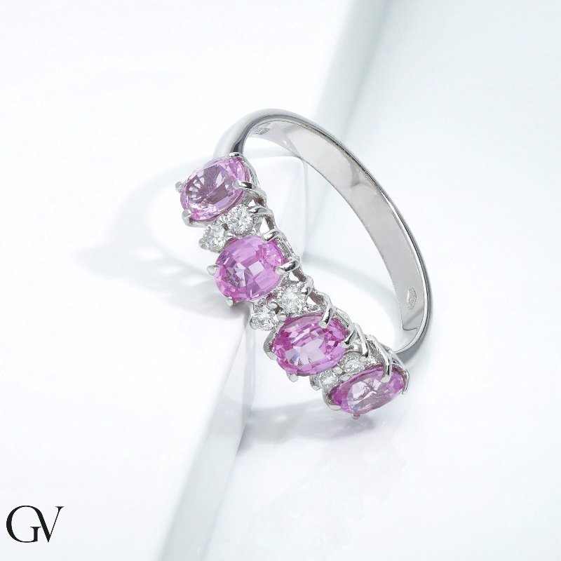 Bague femme en Or Blanc 18k avec 4 saphirs rose et diamants