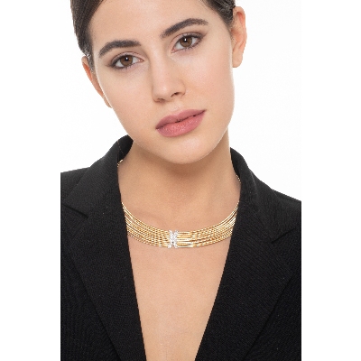 Collier ras du cou multi-rangs en or jaune et blanc 18k avec diamants 