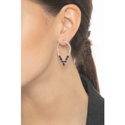 Boucles d'oreilles ovales or rose 18k avec saphirs bleus et diamants