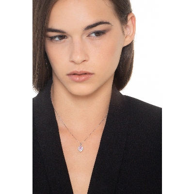 Collier en Or Blanc 18k avec Pendentif Cœur, Saphir Rose et Diamants