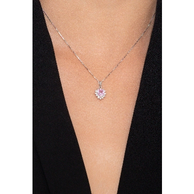Collier en Or Blanc 18k avec Pendentif Cœur, Saphir Rose et Diamants