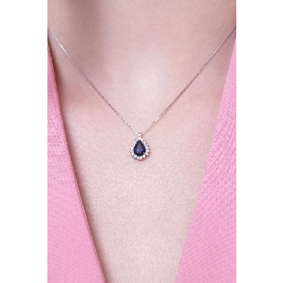 Collier Goutte Bleue Or Blanc 750 saphir et diamants