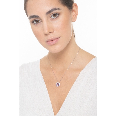Collier en or blanc 18k avec cœur améthyste et diamants