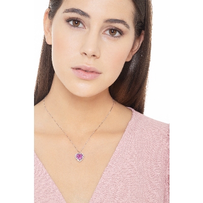 Collier en or blanc 18k avec cœur saphir rose et diamants