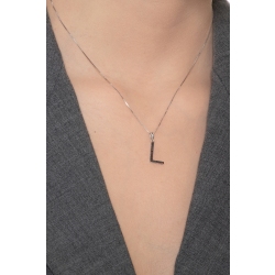 Collier en or blanc 18 carats avec pendentif lettre L gravée et diamants noirs 2