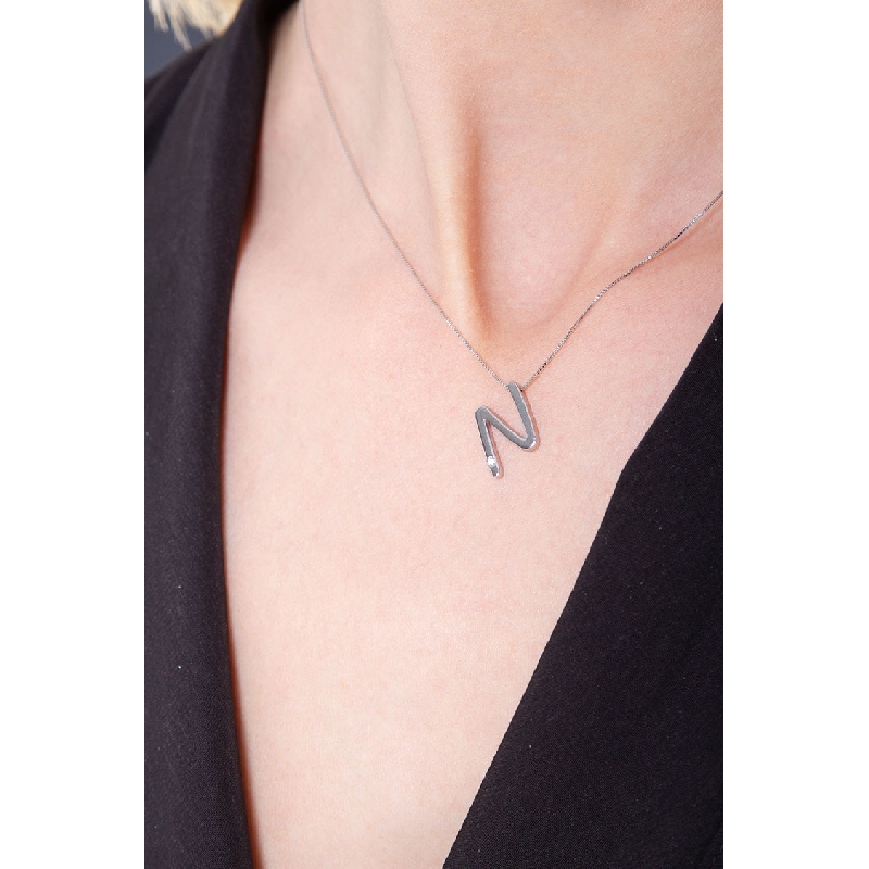 Collier or blanc 18k lettre N diamant