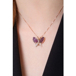 Collier pendentif papillon en or rose avec diamants et rubis 2