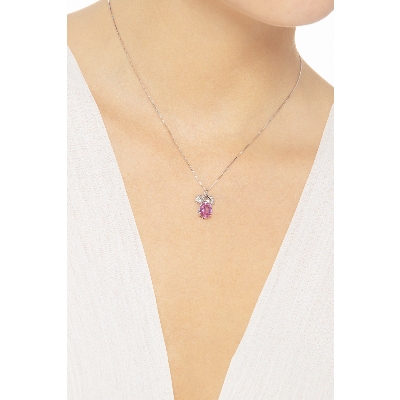 Collier femme en or blanc 18k avec pendentif saphir rose et diamants