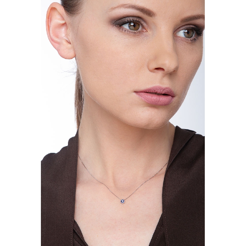 Collier fleur en Or Blanc 18k avec Diamant et Saphirs Bleus