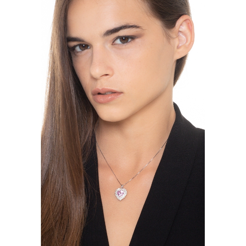 Pendentif en or blanc 18k  saphir rose cœur entouré de brillants
