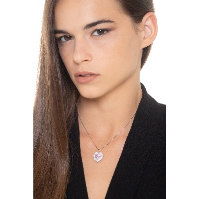 Pendentif en or blanc 18k  saphir rose cœur entouré de brillants