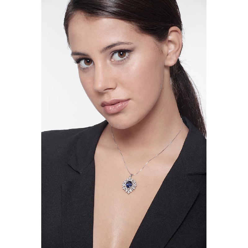 Collier design en or blanc 18k avec saphir bleu et diamants