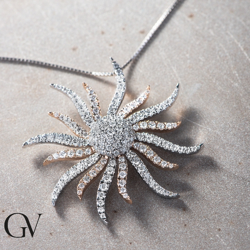 Collier soleil or blanc et rose 18k avec diamants