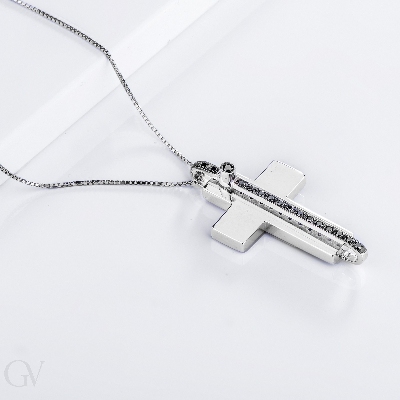 Collier avec croix pour homme en or blanc 18ct et diamants noirs
