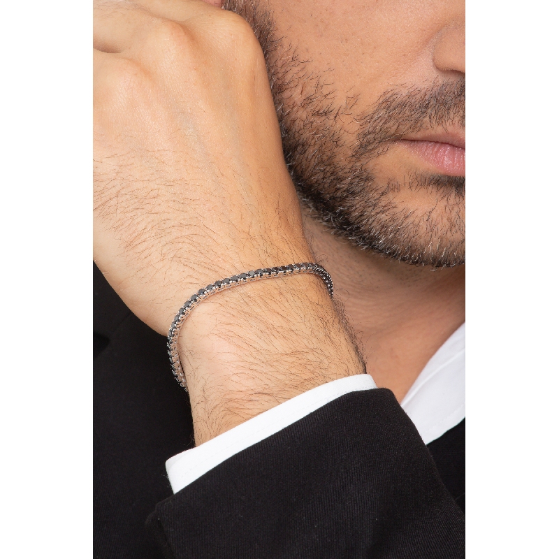 Bracelet Tennis à Maillons Carrés en Or Blanc 18k avec Diamants Noirs