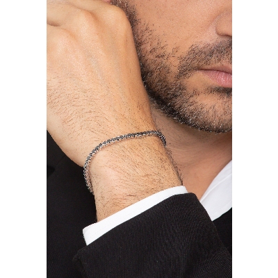 Bracelet Tennis à Maillons Carrés en Or Blanc 18k avec Diamants Noirs