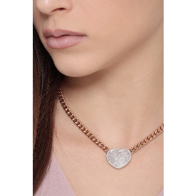 Collier gourmette or rose 18k avec cœur pavé de diamants