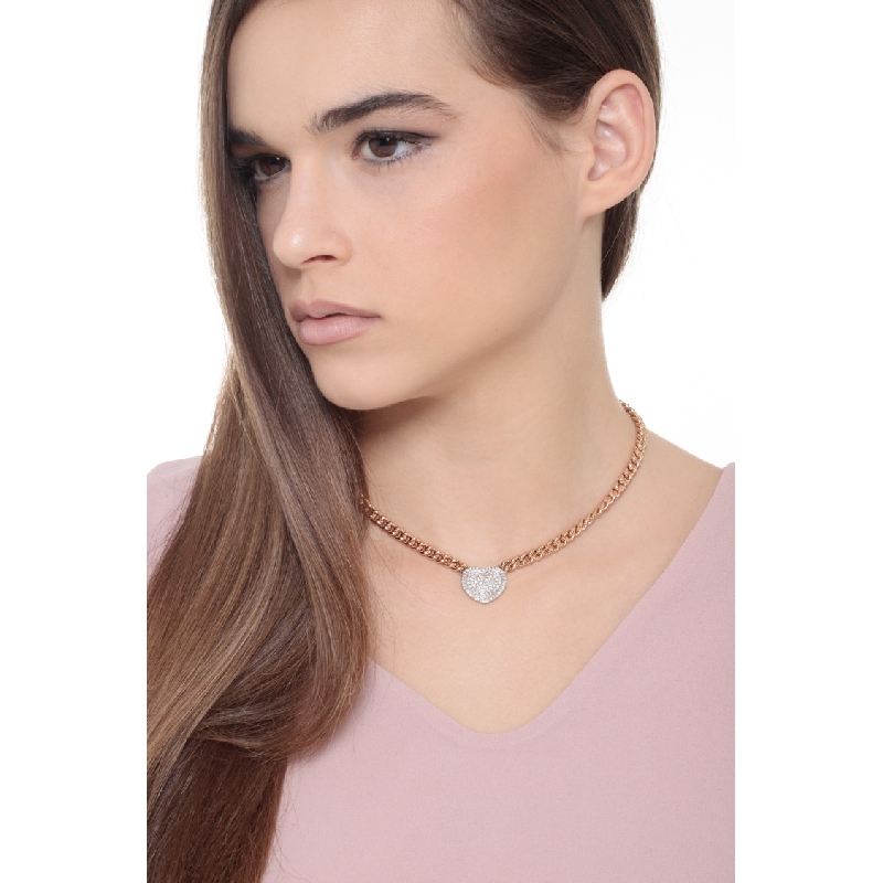 Collier gourmette or rose 750 avec cœur pavé de diamants