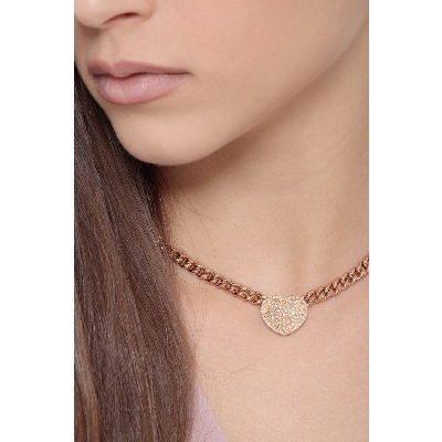 Collier chaîne gourmette or rose avec cœur pavé