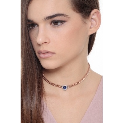 Collier gourmette or rose 18k avec cœur saphir et diamants