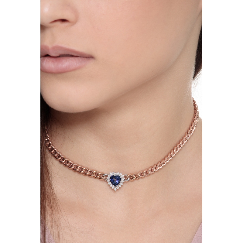 Collier gourmette or rose 18k avec cœur saphir et diamants