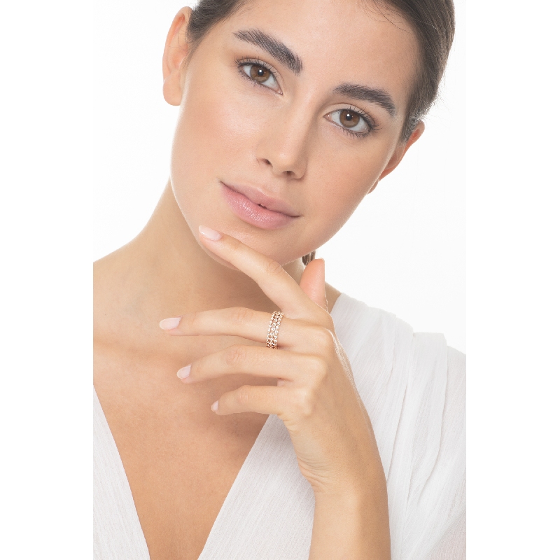 Bague or rose 18k trois rangs avec diamants