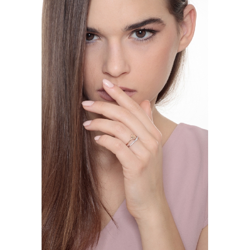 Bague double rang en or blanc et rose avec cœur et diamants