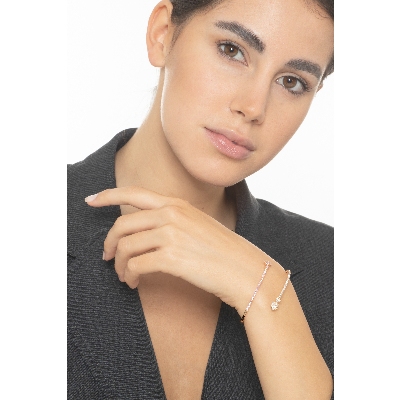 Bracelet Semi Rigide en Or Rose 18K avec Cœurs Diamants et Saphirs Roses